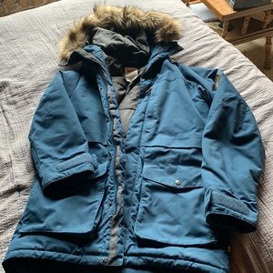 Warm blue winter coat with removable fur on hood